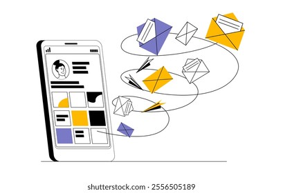 Popular social network account. Tornado of applications and letters to the owner of the social network page. Vector illustration on the topic of promotion in social networks.