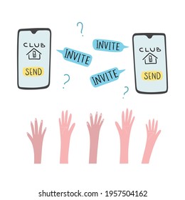 Popular social network with online audio chatting. Can use club after invite. People want to receive an invitation and pull hand. Concept Vector illustration