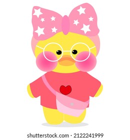 Popular soft toy duck with a pink bow on the head 