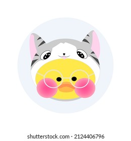 popular soft toy yellow lalafanfan duck wearing a grey kigurumi cat and round glasses on a white background