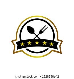 Popular Spoon and Fork symbol premium 5 star restaurant Vector logo emblem illustration