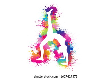 Popular sport. Yoga logo design. Silhouettes of slim girl practicing stretching exercises. Colorful splash paint on white background. Fitness, Healthcare, Medical, Icon, Symbol, Vector illustration.