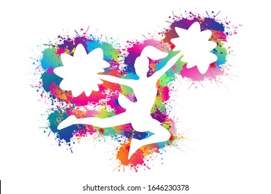 Popular sports background. Cheerleader logo design. Dancing colorful girl splash paint. Icon, Symbol, Silhouette, Exercises, Healthcare, Medical. Vector illustration. 