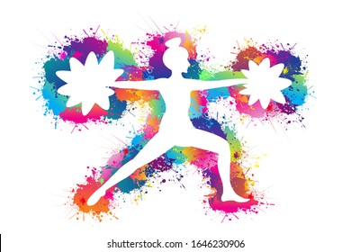 Popular sports background. Cheerleader logo design. Dancing colorful girl splash paint. Icon, Symbol, Silhouette, Exercises, Healthcare, Medical. Vector illustration. 