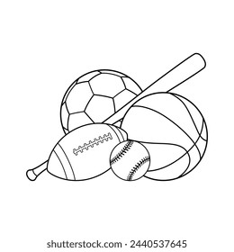 Popular sports equipment. Line art vector illustration.