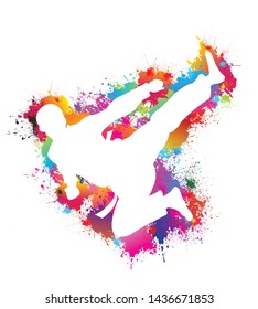 Popular sports of Taekwondo player, Colorful paint, drops, ink splashes, Goal, Logo, Icon, Exercise, Symbol, Silhouette, Vector illustration, Background.