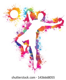 Popular sports of volleyball player, Colorful paint, drops, ink splashes, Exercise, Logo, Icon, Symbol, Silhouette, Vector illustration, Background.