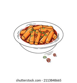 Popular street Korean food - rice cakes tteokbokki in bowl with spicy sauce. Sketch vector illustration isolated on white background