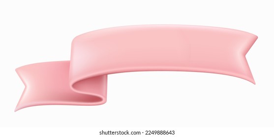 Popular style pink blank ribbon banner. 3D plastic texture. Isolated on white background. Realistic vector file.