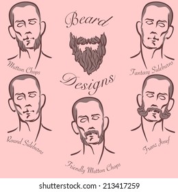 Popular styles of sideburns and sideboards grooming. EPS8 vector set.