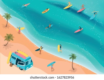Popular surfing tropical beach with camper bus for surfboards palms riders ocean waves isometric composition vector illustration
