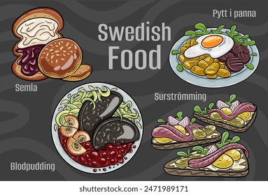 Populares Cocina Nacional Sueca. Ilustración vectorial dibujada a mano sobre un fondo oscuro.
