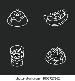 Popular sweets chalk white icons set on black background. Italian Panna Cotta. Australian Banana split. French frozen dessert. European cuisine. Isolated vector chalkboard illustrations