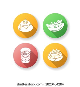 Popular sweets flat design long shadow glyph icons set. Italian Panna Cotta. Australian Banana split. French frozen dessert. European cuisine. Silhouette RGB color illustration