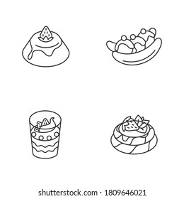 Popular sweets linear icons set. Italian Panna Cotta. Australian Banana split. French frozen dessert. European cuisine. Customizable thin line contour symbols. Isolated vector outline illustrations