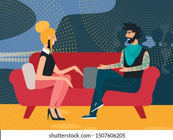 Popular Television Show Broadcasting in Studio, Tattooed Hipster Man and Young Fashionable Woman Sitting on Sofa Communicating. Guest Artist or Celebrity Presentation. Cartoon Flat Vector Illustration
