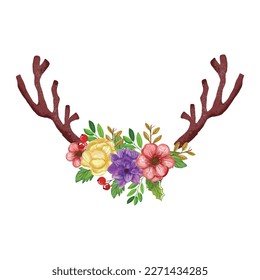 Popular templates  watercolor Deer antlers decorated and colorful flowers