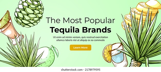 Popular tequila brands information landing page engraved vector illustration. Mexican alcohol beverage choosing guide internet web banner with place for text. Tropical leaves and lime lemon decor