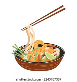 A popular Thai dish is pad thai noodles on a white background. Asian food. Vector illustration for restaurants, menus, decor