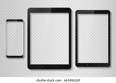 Popular top model of modern frameless smartphone and teblet. Technological template with transparent display. Vector illustration