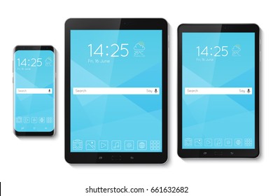 Popular top model of modern frameless smartphone and tablet. Technological template with blue display. Vector illustration