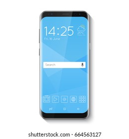 Popular top model of modern frameless smartphone. Technological template with blue display. Vector illustration
