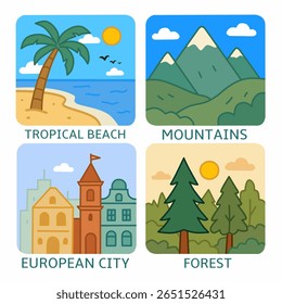 Destinos de viagem populares. Praia tropical, vista montanha, cidade europeia e floresta verde. Perfeito para guias de viagem, aplicativos, cartazes e marketing turístico.