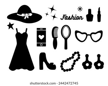 Popular, trend  collection icons. a heart, a daisy, a hat, a shoe, a butterfly, a star, dress. logo, sticker, isolated elements on a white background. for print, banner, postcards. art vector, barbie 