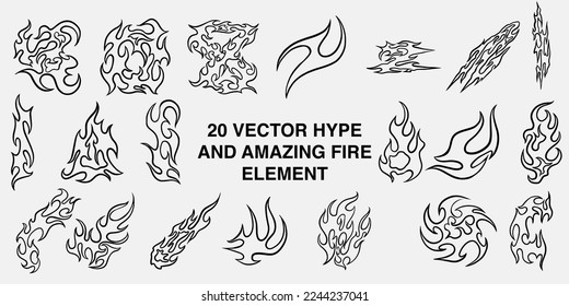 Popular and trending black and white vector fire ornament objects 2023 for tshirts, long sleeves, hoodies, parkas, streetwear, apparel and pajamas. Hand drawing of cool vector fire.