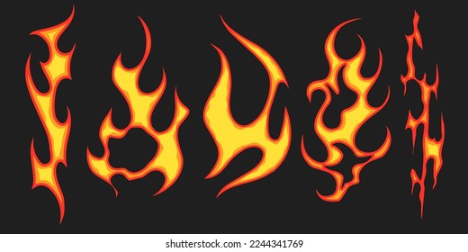 Popular and trending vector fire ornament objects 2023 for tshirts, long sleeves, hoodies, parkas, streetwear, apparel and pajamas. Hand drawing of cool vector fire.