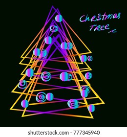 Popular trendy triangle christmas tree. Abstract color transitions holiday fur-tree. Neon disko logo of New Year.