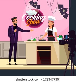 Popular TV cooking show program shooting process. Host with microphone interviewing woman cook chef preparing healthy food. Cameraman recording video. Cuisine and cookery master class on television