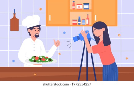 Popular TV cooking show program shooting process. Cooking live streaming. Cameraman recording video. Cuisine and cookery master class on television. Flat cartoon vector illustration concept design.
