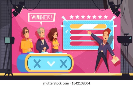 Popular tv guess word game television show final moment cartoon composition with host contestants winner vector illustration