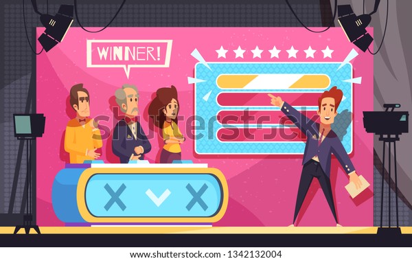Popular\
tv guess word game television show final moment cartoon composition\
with host contestants winner vector\
illustration