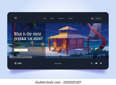 Popular vacation banner with bungalow on sea beach at night. Summer tropical landscape of ocean shore with house and palm trees, vector landing page with cartoon illustration