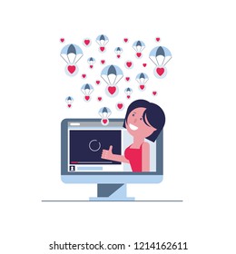Popular video blog. The girl blogger on the computer screen collects a lot of likes. White background. Vector flat illustration.