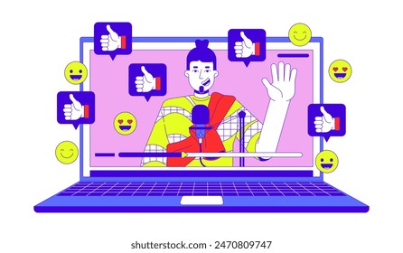 Popular video blogger 2D linear illustration concept. Caucasian male podcaster on laptop cartoon character isolated on white. Social media popularity metaphor abstract flat vector outline graphic