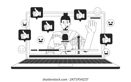 Popular video blogger black and white 2D illustration concept. Caucasian male podcaster on laptop cartoon outline character isolated on white. Social media popularity metaphor monochrome vector art