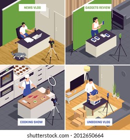 Popular video bloggers 4 isometric compositions with news vlog gadgets review cooking show purchase unboxing vector illustration 