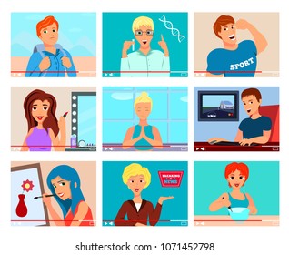 Popular video bloggers 9 flat icons set with cooking painting travel fitness meditation topics isolated vector illustration 