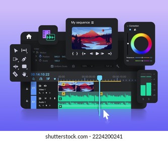 Popular video editor. Editing a video project. Sound and color adjustment. Video Clip Editing Program Interface - Shutterstock ID 2224200241