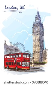 Popular view of busy Parliament Square with Big Ben and double decker bus. Sketch imitating ink pen scribbling in a notepad. Sketch is isolated on a separate layer. EPS10 vector illustration.