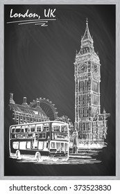 Popular view of busy Parliament Square with Big Ben, double decker bus. Sketch imitating chalk drawing on a blackboard. EPS10 vector illustration.