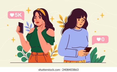 Popular vs unpopular women. Different young girls with smartphones look at reactions in social networks. Different users of social media. Cartoon flat vector illustration isolated on beige background