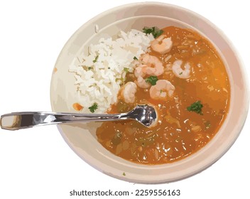 Gumbo ist eine traditionelle westafrikanische Suppe, die in New Orleans, Louisiana, beliebt ist. Es ist eine Mischung aus Reis, Stock-Suppe (Schweinefleisch, Meeresfrüchte) und ein Verdickungsmittel (Glockenpfeffer, Okra, Zwiebel). Es gibt Foto, Vektorgrafik.