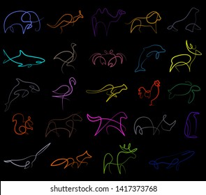 Popular wild life animals thin line art icons set. Modern colorful symbols isolated on black for infographics or web use.