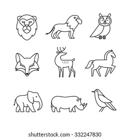 Animais da vida selvagem populares linha fina ícones de arte conjunto. Símbolos pretos modernos isolados em branco para infográficos ou uso web.