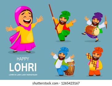 Popular winter Punjabi folk festival Lohri. Funny Indian woman and Sikh man celebrating holiday. Cartoon characters dancing, set of five poses. Vector illustration for sale, banner, poster