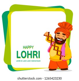 Popular winter Punjabi folk festival Lohri. Funny Sikh man celebrating holiday. Cheerful cartoon character. Vector illustration on abstract background 